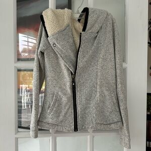 Rapsodia size S Sherpa lined zip up with hood. Heather gray, asymmetrical zip.